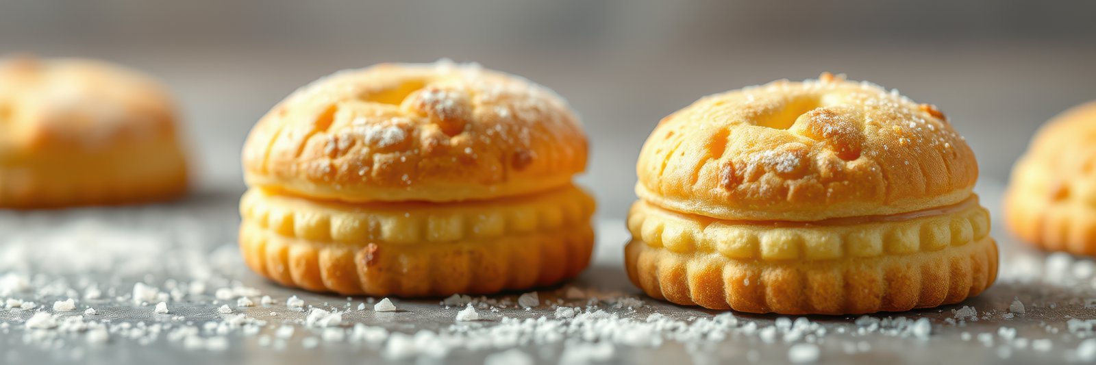 Delicious freshly baked cookies with powdered sugar on a rustic wooden surface
